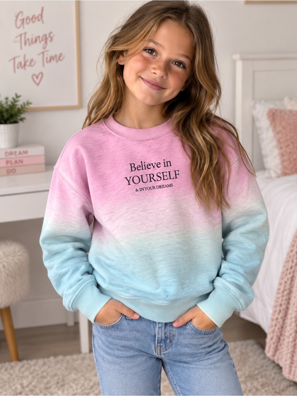 OVS Girls 10/11Believe in Yourself Pink & Blue Ombre Crewneck Sweater